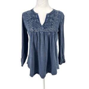 Joie Blue Lace Trim Cotton Top Small Long Sleeve Boho Peasant Tunic EUC